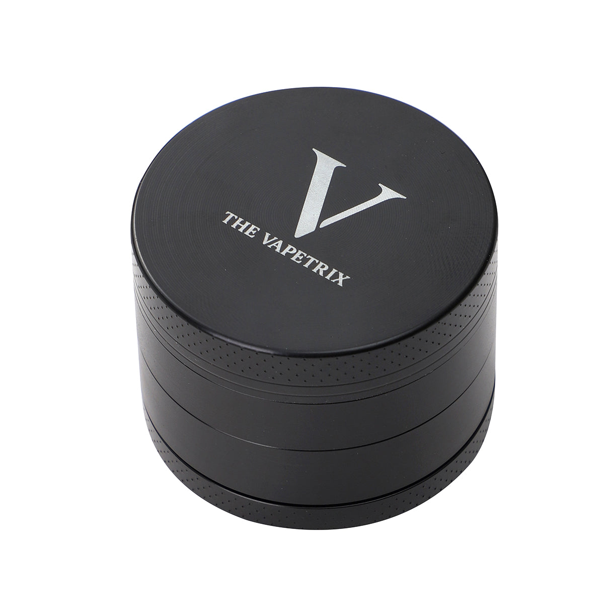 The Vapetrix 4-piece black herb grinder with magnetic lid, holds 5 dosing capsules