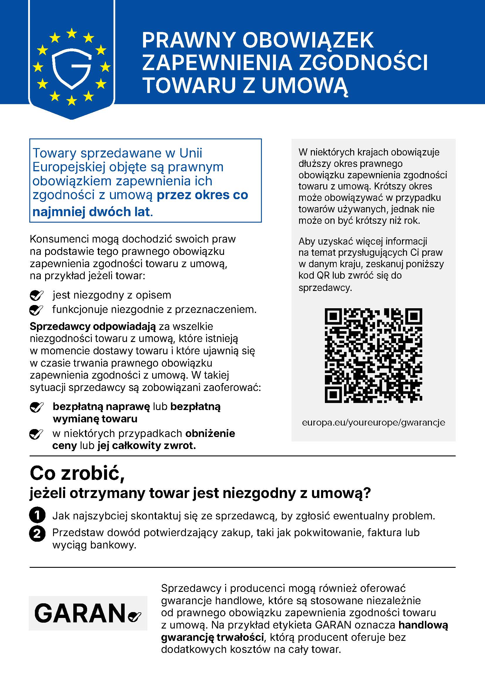Ujednolicona informacja UE o prawnym obowiązku zapewnienia zgodności towaru z umową